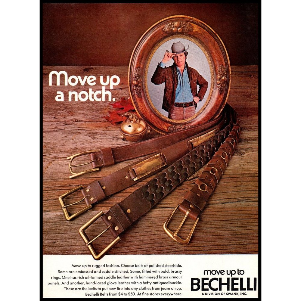 1971 Bechelli Belts Vintage Print Ad Leather Urban Cowboy Swank 70s Wall Art